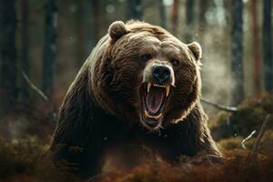 Roaring bear in the forest. Generative AI photo