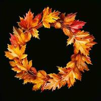 Round frame with orange and yellow maple leaves. Autumn wreath. Generative AI photo