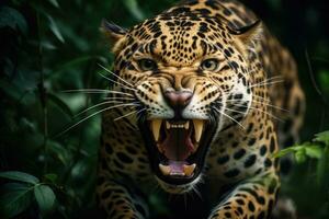 Angry jaguar in the rainforest. Generative AI photo