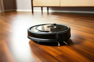 Robotic vacuum cleaner on laminate wood floor. Modern smart cleaning technology. AI Generative photo