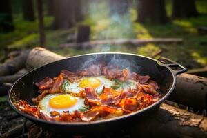 Camping breakfast with bacon and eggs in a cast iron skillet. Fried eggs with bacon in a pan in the forest. Generative AI photo