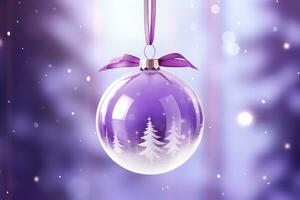 Purple glass christmas ball hanging on ribbons. Home christmas decoration photo