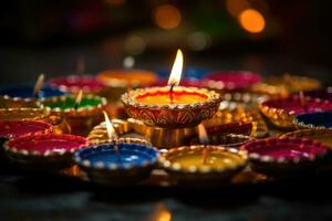 Happy Diwali. Clay Diya lamps during Diwali celebration, Hindu festival of lights celebration. Generative AI photo