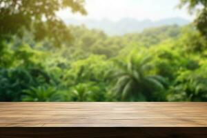 Wooden table top on blurred green jungle background. Generative AI photo