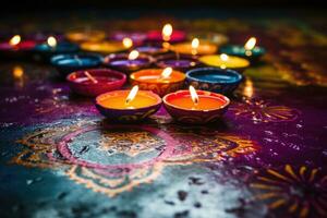 Happy Diwali. Clay Diya lamps during Diwali celebration, Hindu festival of lights celebration. Generative AI photo