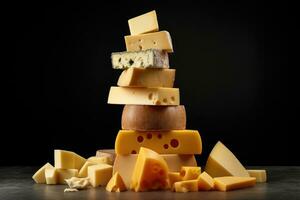 Various types of cheese on rustic wooden table. Generative AI photo