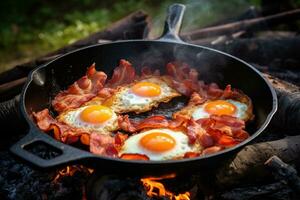 cámping desayuno con tocino y huevos en un emitir hierro sartén. frito huevos con tocino en un pan en el bosque. generativo ai foto