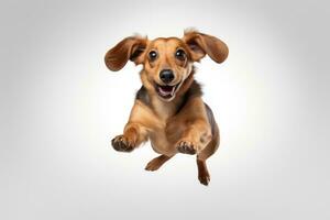 linda y alegre perro en vuelo en un blanco antecedentes. juguetón perro tejonero. ai generativo foto