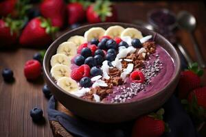 Summer Acai smoothie bowl with various fruits and berries. Healthy breakfast. AI Generative photo