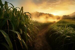 Sugar cane stalks on plantation at morning dawn photo