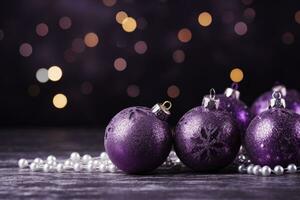 Christmas decorations with purple christmas balls and place for text. AI Generative photo