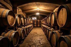 antiguo roble de madera barriles en subterráneo bodegas para madurando vino o whisky. ai generativo foto