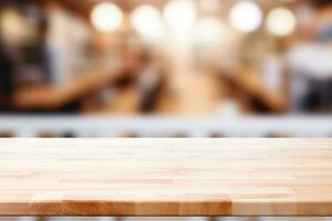 Wooden table top on blurred supermarket background. Generative AI photo