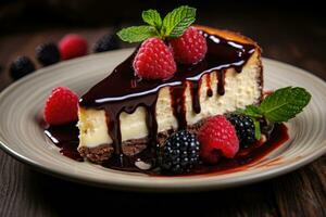 rebanada de soufflé tarta de queso con chocolate vidriar adornado con frambuesas y moras. ai generativo foto