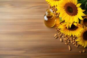 Sunflower oil and sunflower flowers photo