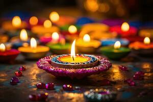 Happy Diwali. Clay Diya lamps during Diwali celebration, Hindu festival of lights celebration. Generative AI photo
