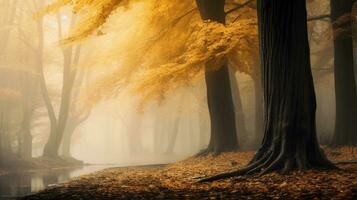 Magic autumn forest with walking path, beautiful autumn landscape. photo