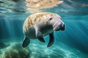 Florida manatee in clear water. AI Generative photo