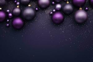 Christmas decorations with purple christmas balls and place for text.. AI Generative photo