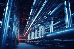 Steel long pipes in crude oil factory. Oil refinery photo