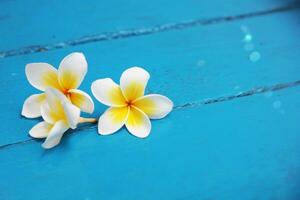 Cultural Heritage of Indonesia Fragrant Plumeria Flowers on Wooden Table Centerpiece photo