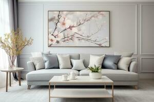 Modern white living room design with sofa and furniture with flowers. Generative AI photo