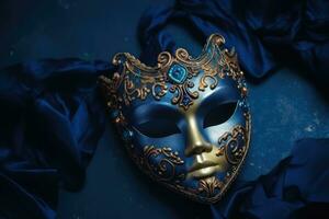 Festive Venetian carnival mask with gold decorations on dark blue background. Generative AI photo