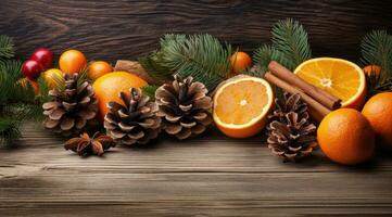 festivo Navidad decoraciones de canela, pino conos y naranjas en un de madera mesa. ai generativo foto