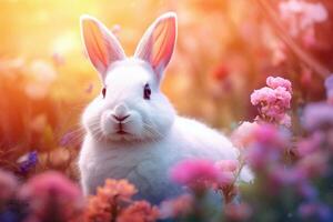 A fluffy white rabbit sitting in a flowering meadow. Pet. AI Generative photo