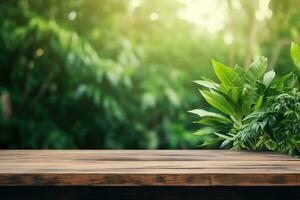 Wooden table top on blurred green jungle background - can be used for display or montage of your products. Generative AI photo