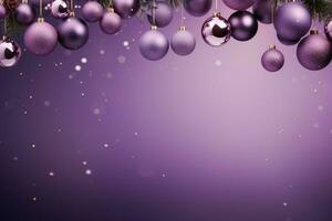 Christmas decorations with purple christmas balls and place for text. AI Generative photo