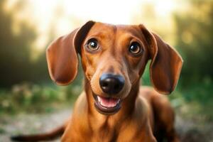 Cute dachshund in nature. Playful dog. AI Generative photo