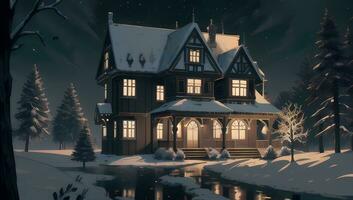 Mansion or Castle During Winter Scene for Visual Novel Anime Manga Background Wallpaper photo