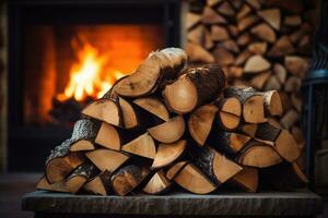 Stacked logs of firewood by the fireplace. Generative AI photo