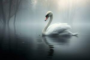 Floating white swan on a foggy lake. AI Generative photo