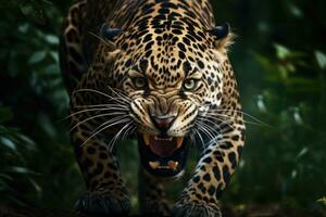 Angry jaguar in the rainforest. Generative AI photo