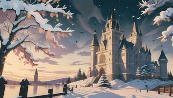 Mansion or Castle During Winter Scene for Visual Novel Anime Manga Background Wallpaper photo