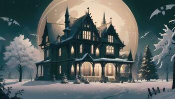 Mansion or Castle During Winter Scene for Visual Novel Anime Manga Background Wallpaper photo