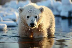 Polar bear cub in water. AI Generative photo