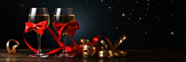 Sparkling wine or champagne glasses and red ribbon on dark black table background. Happy New Year, New Year's Eve or Christmas and celebration party photo