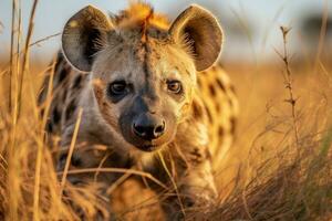 Spotted hyena in dry tall grass. AI Generative photo