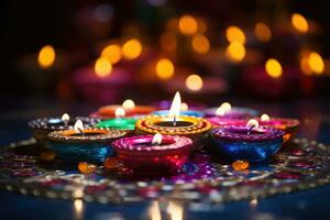 Happy Diwali. Clay Diya lamps during Diwali celebration. Generative AI photo