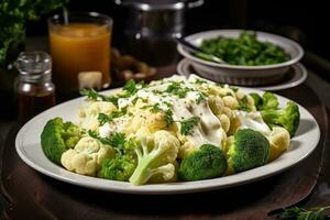 Boiled broccoli and cauliflower on a plate with dressing. AI Generative photo