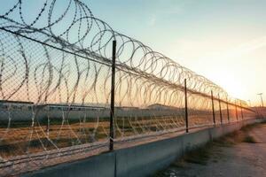 Barbed and razor wire fence. Fencing the state border against immigration photo