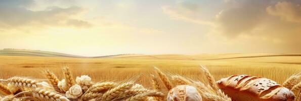 Wheat field with wheat bread and pastries in the foreground. AI Generative photo