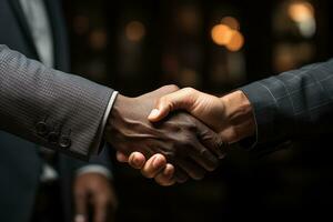 Close up of business handshake on dark background. AI Generative photo