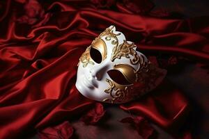 Venetian carnival mask with gold decorations on red background. Generative AI photo