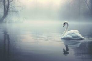 Floating white swan on a foggy lake. AI Generative photo