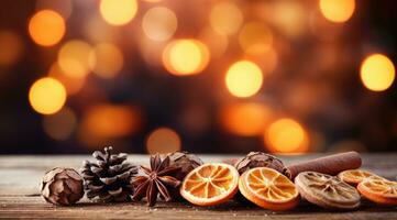 Traditional Christmas spices and dried orange slices on holiday light background. Christmas spices decoration photo