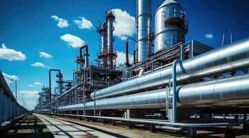 Steel long pipes in crude oil factory. Oil refinery photo